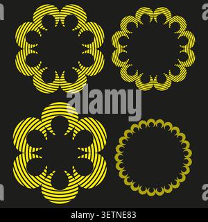 Geometric floral forms pack features yellow vector striped rosette shapes. Vibrant collection visualizes abstract star. eps 10 Stock Vector