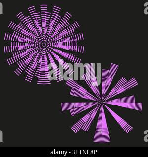 Geometric sunburst forms pack features purple vector radial line shapes. Vibrant collection visualizes explosion. eps 10 Stock Vector