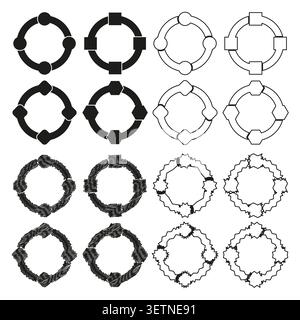 Geometric ring forms pack features black vector puzzle chain shapes. Minimal collection visualizes abstract cycle. eps 10 Stock Vector