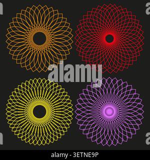 Abstract mandala forms pack features colorful vector wireframe rosette shapes. Vibrant collection visualizes flower. eps 10 Stock Vector
