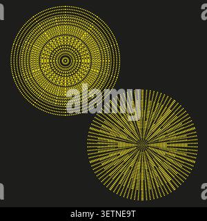Geometric circular forms pack features yellow vector dotted radial shapes. Minimal collection visualizes abstract star. eps 10 Stock Vector