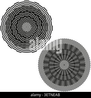 Geometric circular forms pack features black vector checkered illusion shapes. Minimal collection visualizes tunnel. eps 10 Stock Vector