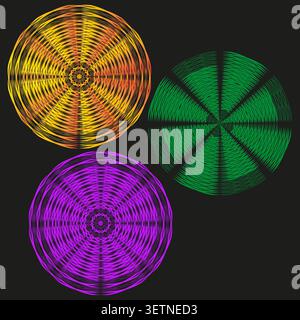 Abstract circular forms pack features colorful vector wireframe radial shapes. Vibrant collection visualizes mandala. eps 10 Stock Vector