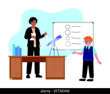 Student giving astronomy presentation in classroom. Vector illustration for science poster, school banner, or education blog Stock Vector