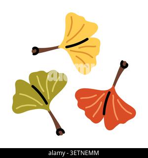 Ginkgo leaf vector set isolated on white background. Autumn hand drawn biloba foliage elements in yellow, green and orange Stock Vector