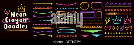 Pack with neon color crayon scribble highlights on dark background. Color crown, arrows, hearts and lines. Stock Vector