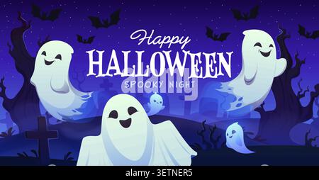 Halloween greetings card with flying scary ghosts Stock Vector