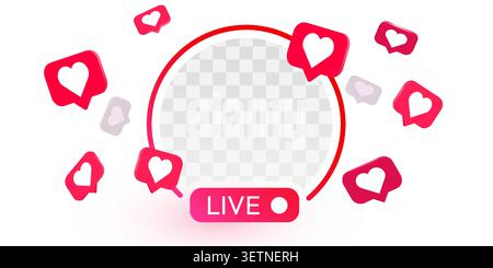 Social media live stream frame with floating heart reactions for your profile image and broadcast. Vector illustration. Stock Vector