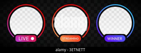 Social media live streaming and winner avatar frames with gradient borders for profile pictures. Vector illustration Stock Vector