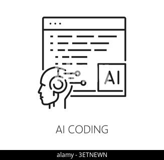 AI coding icon featuring robotic human head with circuit elements connected to browser window with lines of code and AI label. Minimalist icon for tech startups and software development platforms Stock Vector