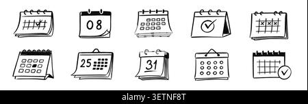 Calendar doodle icon vector set. Hand drawn calendar doodle icon with paper date time month schedule. Business reminder appointment notebook office management graphic concept. Vector illustration Stock Vector