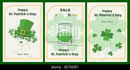 St Patrick Day Promo Card Collection with Ale Mug Shamrock and Lucky Girl Irish Holiday Template Set. Suitable for seasonal advertising, party invitations, social media post or retail marketing flyers Stock Vector