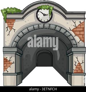 Cartoon abandoned stone tunnel entrance with cracked bricks, overgrown moss, arched doorway, flat colors Stock Vector