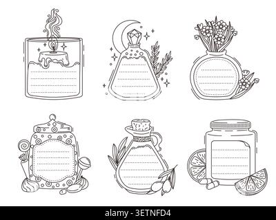 Jar, bottle and jug kids memo note frames and stickers. Olive oil bottle planner to do list vector sticker, vitamin, pills and sweet candies container label. Magic potion vial, flower vase memo note Stock Vector
