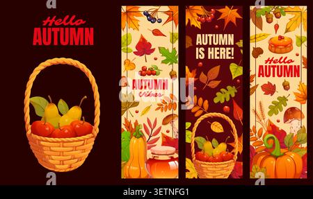 Autumn and Thanksgiving harvest banners of cartoon pumpkins and falling leaves. Thanksgiving harvest holiday party food and fruit basket, orange pumpkins, honey and berry pie, Hello Autumn banners set Stock Vector