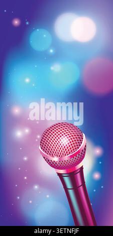 Pink microphone glows on colorful stage lights Stock Vector