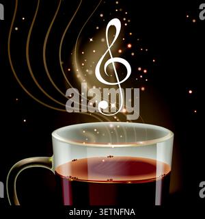 Warm coffee steams beside a glowing musical note Stock Vector