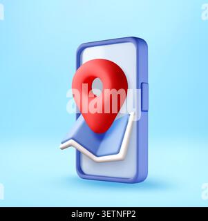 3D Red pin on map displayed on smartphone screen. Stock Vector
