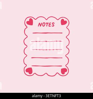 Hand drawn vector illustration of a cute notes template with hearts and wavy edges. Pink stationery element for to do lists and reminders. Aesthetic Stock Vector