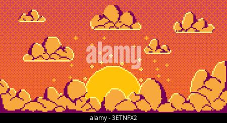 Pixel art orange sky with yellow fluffy clouds and sun. Retro 8-bit game illustration, vector cartoon background. Bright sunset atmosphere for arcade video adventures, mosaic texture Stock Vector