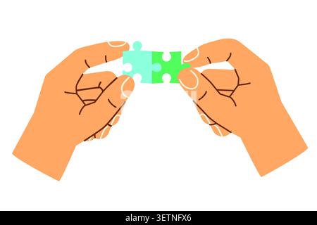 hands joining two puzzle pieces together, teamwork, partnership, collaboration, psychology  and problem solving concept- vector illustration Stock Vector