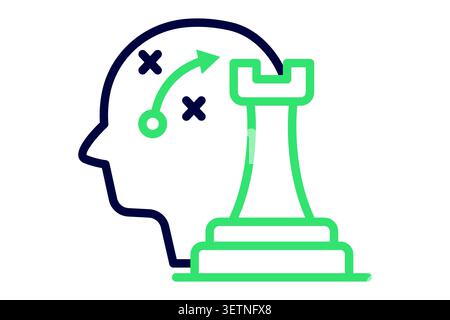 Tactical line icon. of a human head featuring a tactical play map X and an arrow alongside a chess rook piece. Stock Vector