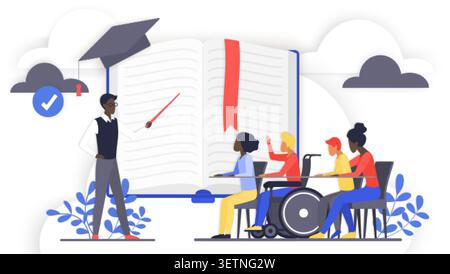 Students with disabilities study in an inclusive classroom beside a teacher, open book and graduation cap, promoting accessible learning and equal opportunity isolated on white vector illustration Stock Vector