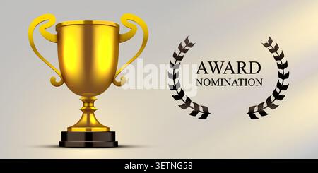 Golden trophy cup with laurel wreath for award nomination. Concept of achievement and success. Vector illustration Stock Vector