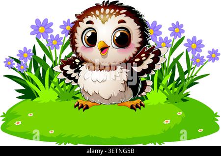 A cheerful cartoon owlet stands in a meadow with purple flowers and green grass. Stock Vector