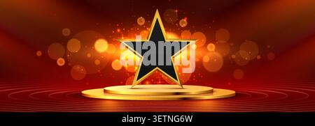 Golden star pedestal on a glowing red stage. Festive background for awards and celebrations. Vector illustration Stock Vector