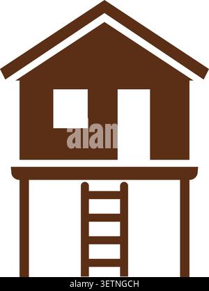 Simple flat illustration of a brown raised treehouse with a ladder window and peaked roof Stock Vector