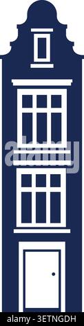 Simple flat illustration of a tall narrow blue townhouse facade with stacked windows and a small front door Stock Vector