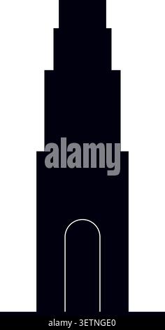 Simple flat illustration of a tall dark skyscraper with stepped levels and a narrow arched entrance Stock Vector