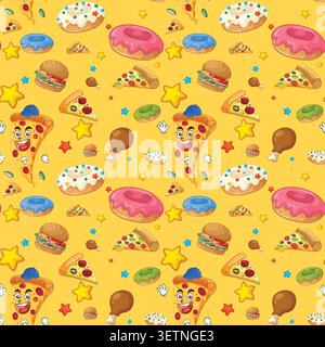 Vector illustration of repeating pizza slices, burgers, donuts, and stars in a playful cartoon style. Stock Vector