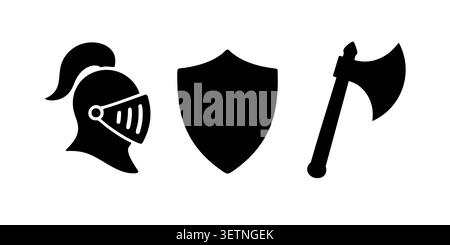 Black Silhouette Vector Set of Knight Helmet, Shield and Battle Axe Stock Vector