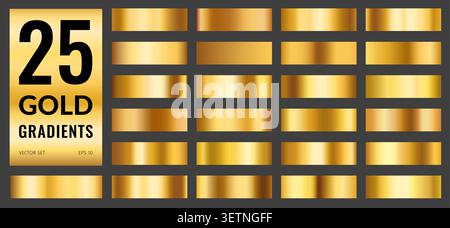 Luxury gold foil palette, golden and brass metallic gradient gradation. Rectangular yellow metal swatches in brass, copper and zinc alloy colors, gold or bronze foil palette strips with smooth texture Stock Vector