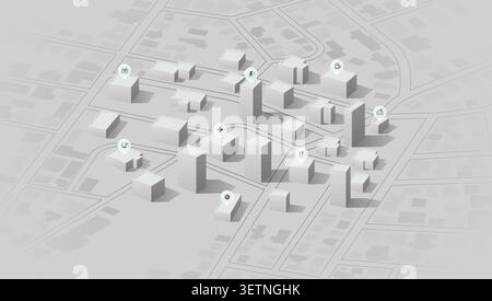 3D City Map with Location Icons. Smart city for concept design. Urban Navigation Concept. Isometric 3D city map with buildings and navigation icons Stock Vector