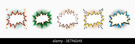 Set of comic starburst shapes with blank center, colorful burst stickers and halftone dots in retro pop art vector style on transparent background Stock Vector