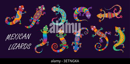 Mexican lizard reptile characters. Cartoon funny gecko lizards with vibrant color floral and geometric patterns. Traditional mexican folk art talavera animal mascots decorated with bright flowers Stock Vector