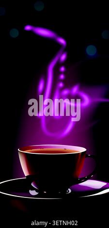 Purple saxophone above a steaming coffee cup Stock Vector