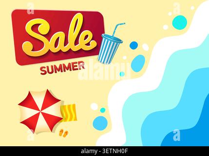 top view of summer beach waves background. Poster Summer sale. sun background. lettering Summer. special offer with sun sign. Vector illustration Stock Vector