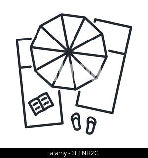 beach chair and umbrella, flip flops and book line icon, summer vacation flat lay, travel, relaxation and holiday concept- vector illustration Stock Vector