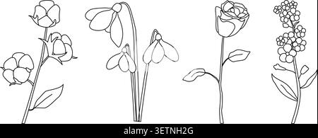 Minimalist line drawings of cotton buds, snowdrops, rose, and forget-me-nots, elegant botanical illustrations highlighting floral Stock Vector