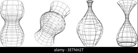 Four 3D wireframe vase-like and hourglass-shaped models, abstract geometric illustration for design, computer graphics Stock Vector