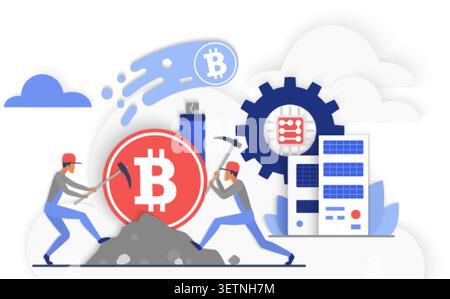 Workers mine bitcoin beside servers, gear and cloud elements, showing cryptocurrency production, blockchain technology, digital finance infrastructure isolated on white background vector illustration Stock Vector