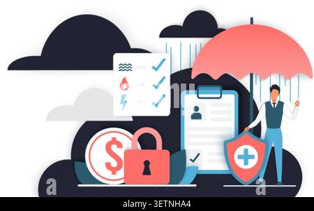 Insurance concept with umbrella, shield, checklist, lock, dollar coin and policy form under storm clouds, showing financial safety and health coverage isolated on white background vector illustration Stock Vector