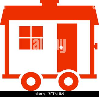 Simple flat illustration of an orange tiny house on wheels with a door window roof and small chimney Stock Vector