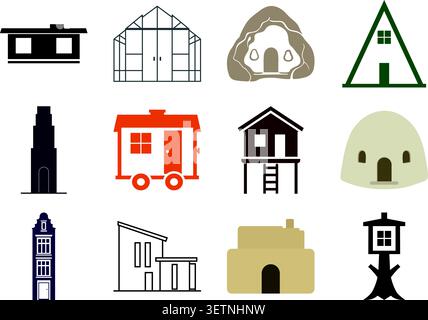 A flat illustration set featuring various house and building designs. Stock Vector