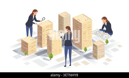 Female Architects and Realtors Working in an Isometric City. Real estate search and property analysis on city map. Concept of construction, investment Stock Vector