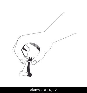 Hand placing rook chess piece outline illustration Stock Vector